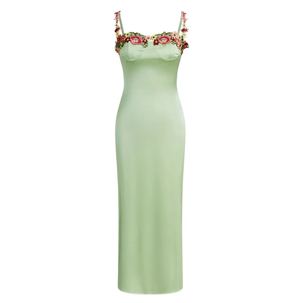 Commense Floral Satin Midi Dress Size M Green NWT Embroidered Fairy Garden